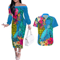 Polynesian Couples Matching Off The Shoulder Long Sleeve Dress and Hawaiian Shirt The Turtle Jung Flower with Maori Pattern Ethnic Style LT03 Blue - Polynesian Pride