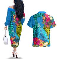 Polynesian Couples Matching Off The Shoulder Long Sleeve Dress and Hawaiian Shirt The Turtle Jung Flower with Maori Pattern Ethnic Style LT03 - Polynesian Pride