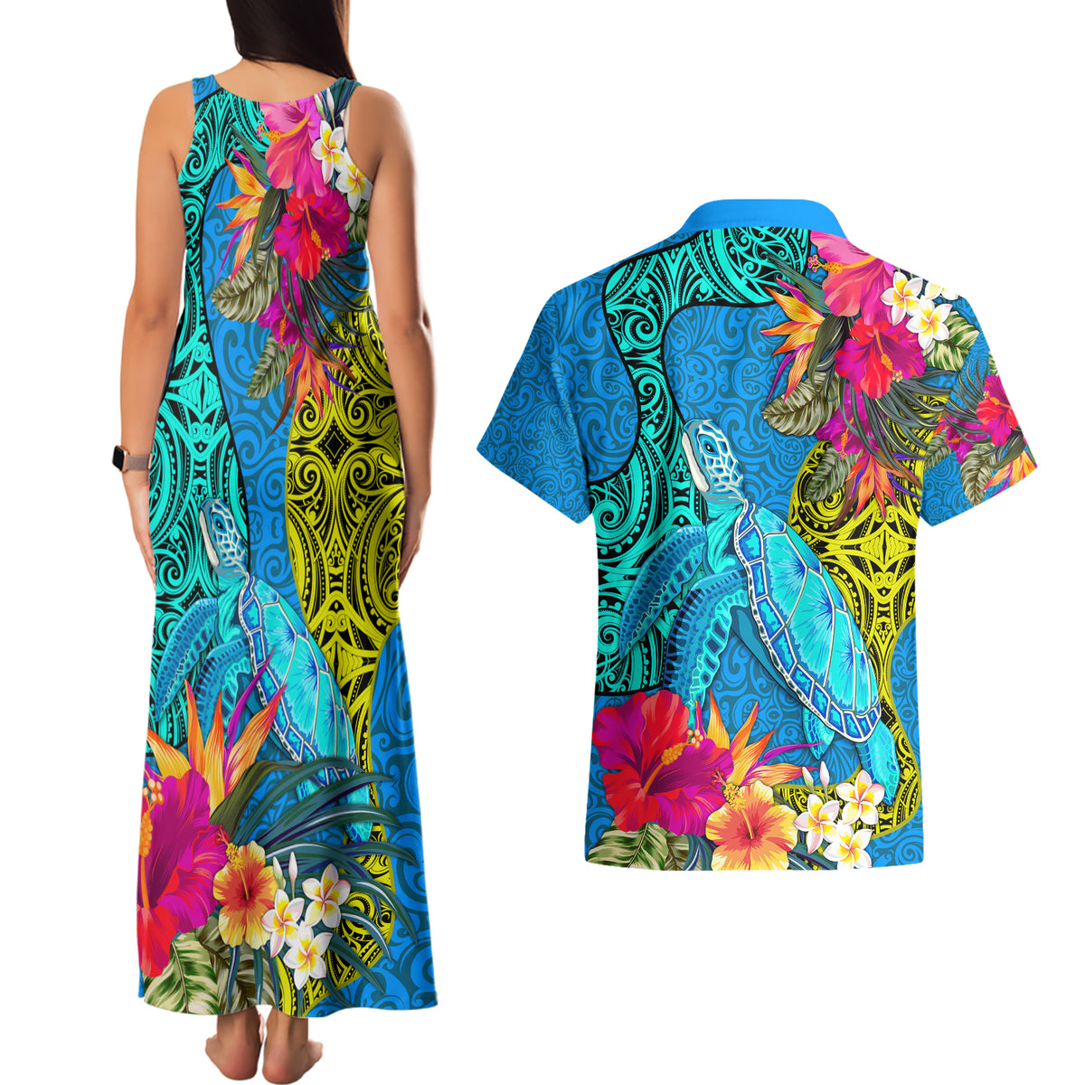 polynesian-couples-matching-tank-maxi-dress-and-hawaiian-shirt-the-turtle-jung-flower-with-maori-pattern-ethnic-style