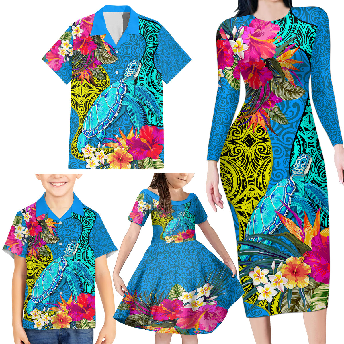 Polynesian Family Matching Long Sleeve Bodycon Dress and Hawaiian Shirt The Turtle Jung Flower with Maori Pattern Ethnic Style LT03 - Polynesian Pride