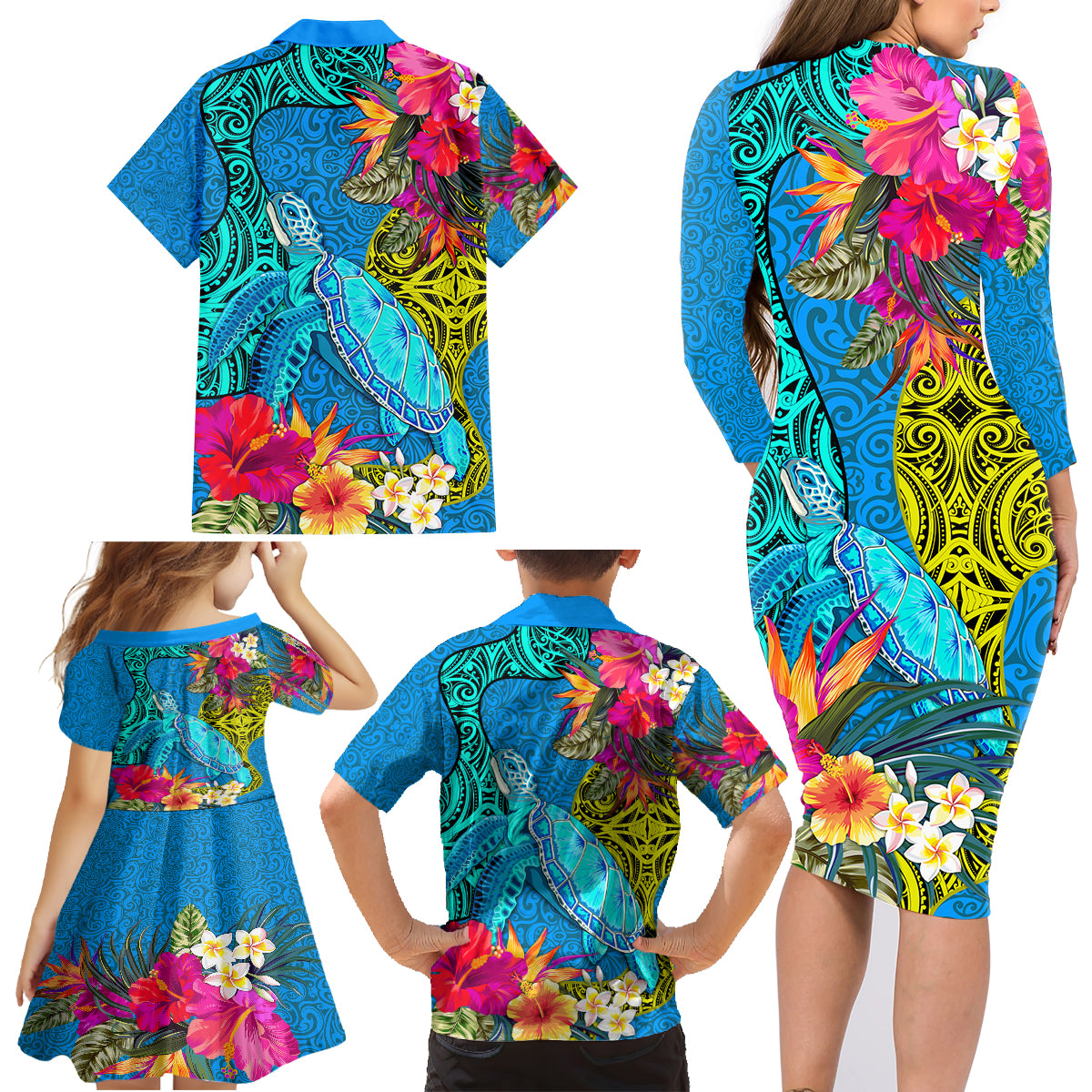 Polynesian Family Matching Long Sleeve Bodycon Dress and Hawaiian Shirt The Turtle Jung Flower with Maori Pattern Ethnic Style LT03 - Polynesian Pride