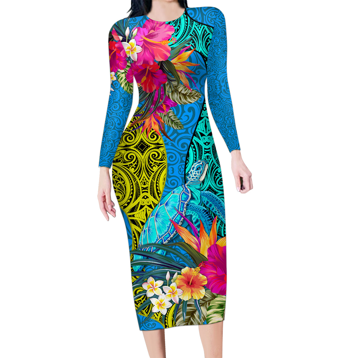 Polynesian Family Matching Long Sleeve Bodycon Dress and Hawaiian Shirt The Turtle Jung Flower with Maori Pattern Ethnic Style LT03 Mom's Dress Blue - Polynesian Pride