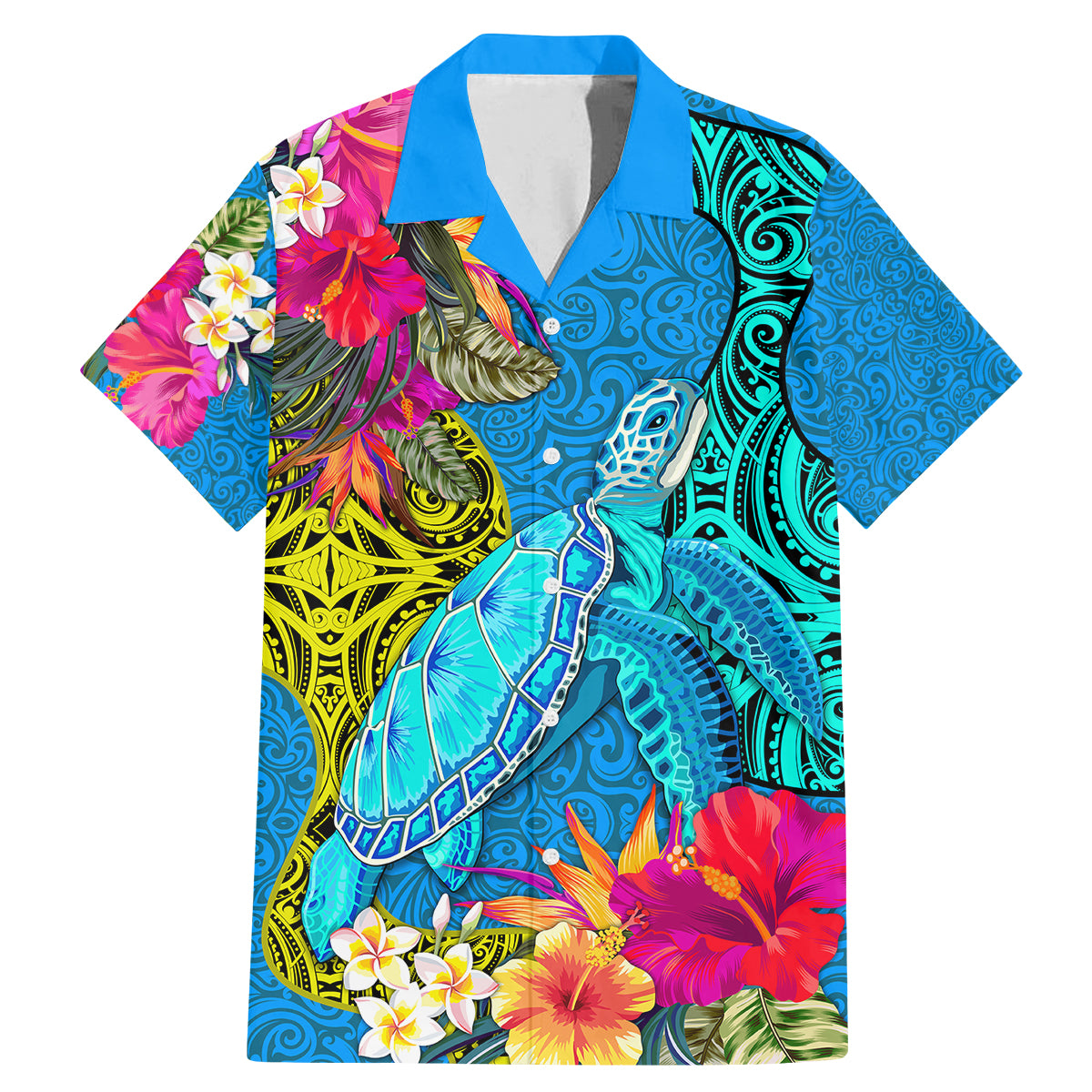 Polynesian Family Matching Mermaid Dress and Hawaiian Shirt The Turtle Jung Flower with Maori Pattern Ethnic Style LT03 Dad's Shirt - Short Sleeve Blue - Polynesian Pride