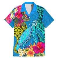 Polynesian Family Matching Mermaid Dress and Hawaiian Shirt The Turtle Jung Flower with Maori Pattern Ethnic Style LT03 Dad's Shirt - Short Sleeve Blue - Polynesian Pride