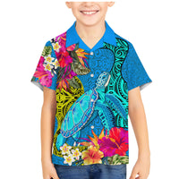 Polynesian Family Matching Mermaid Dress and Hawaiian Shirt The Turtle Jung Flower with Maori Pattern Ethnic Style LT03 Son's Shirt Blue - Polynesian Pride