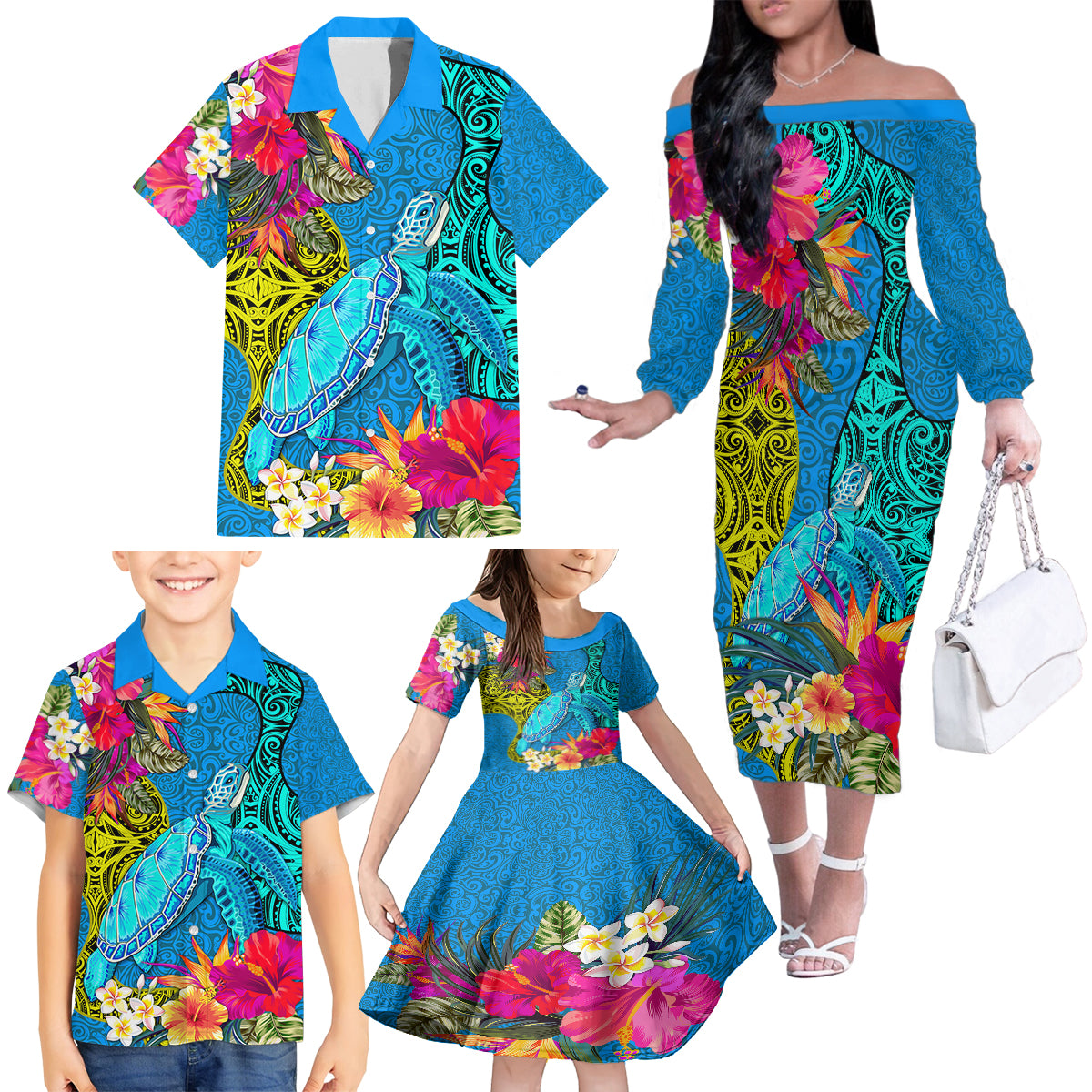 Polynesian Family Matching Off Shoulder Long Sleeve Dress and Hawaiian Shirt The Turtle Jung Flower with Maori Pattern Ethnic Style LT03 - Polynesian Pride