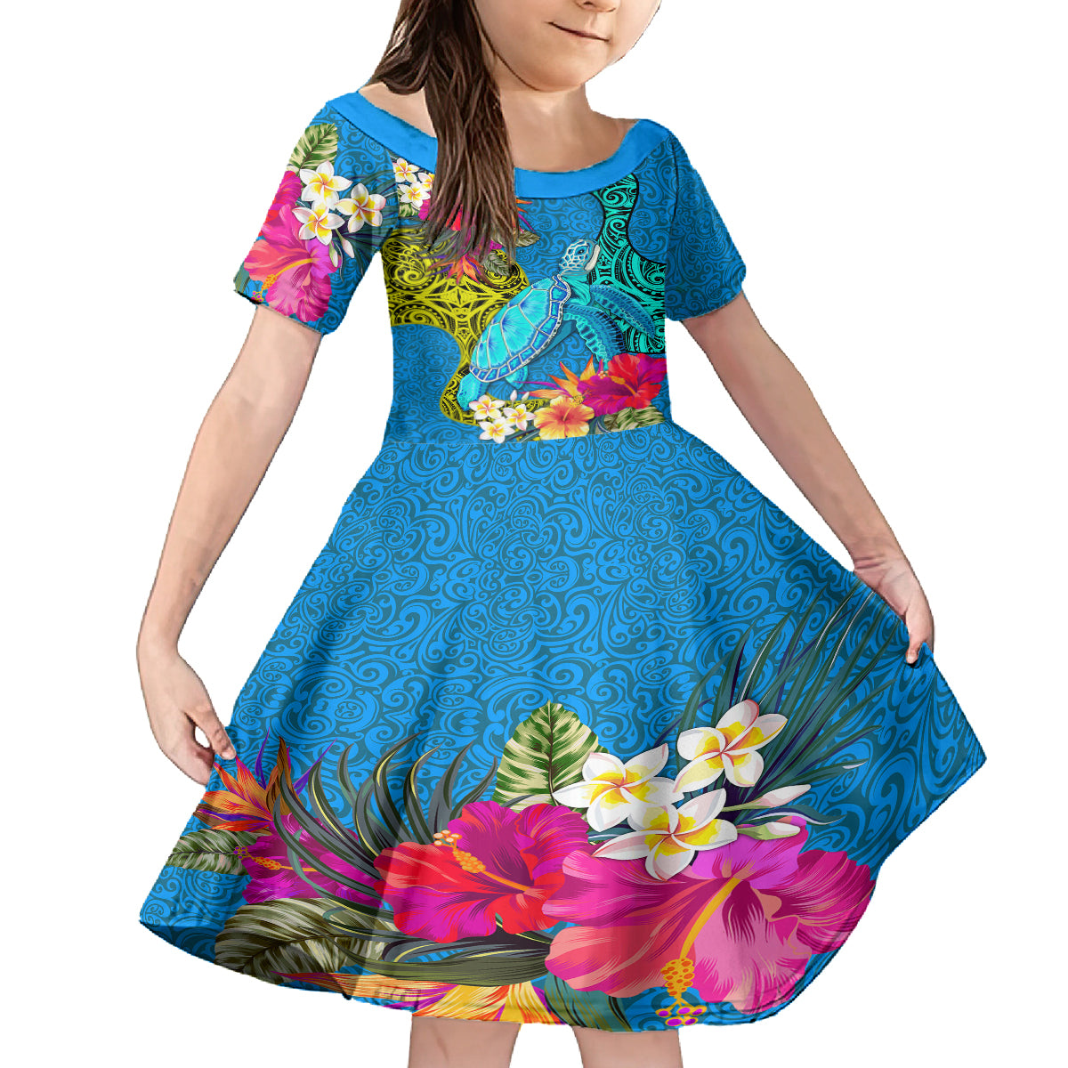 Polynesian Family Matching Off Shoulder Maxi Dress and Hawaiian Shirt The Turtle Jung Flower with Maori Pattern Ethnic Style LT03 Daughter's Dress Blue - Polynesian Pride