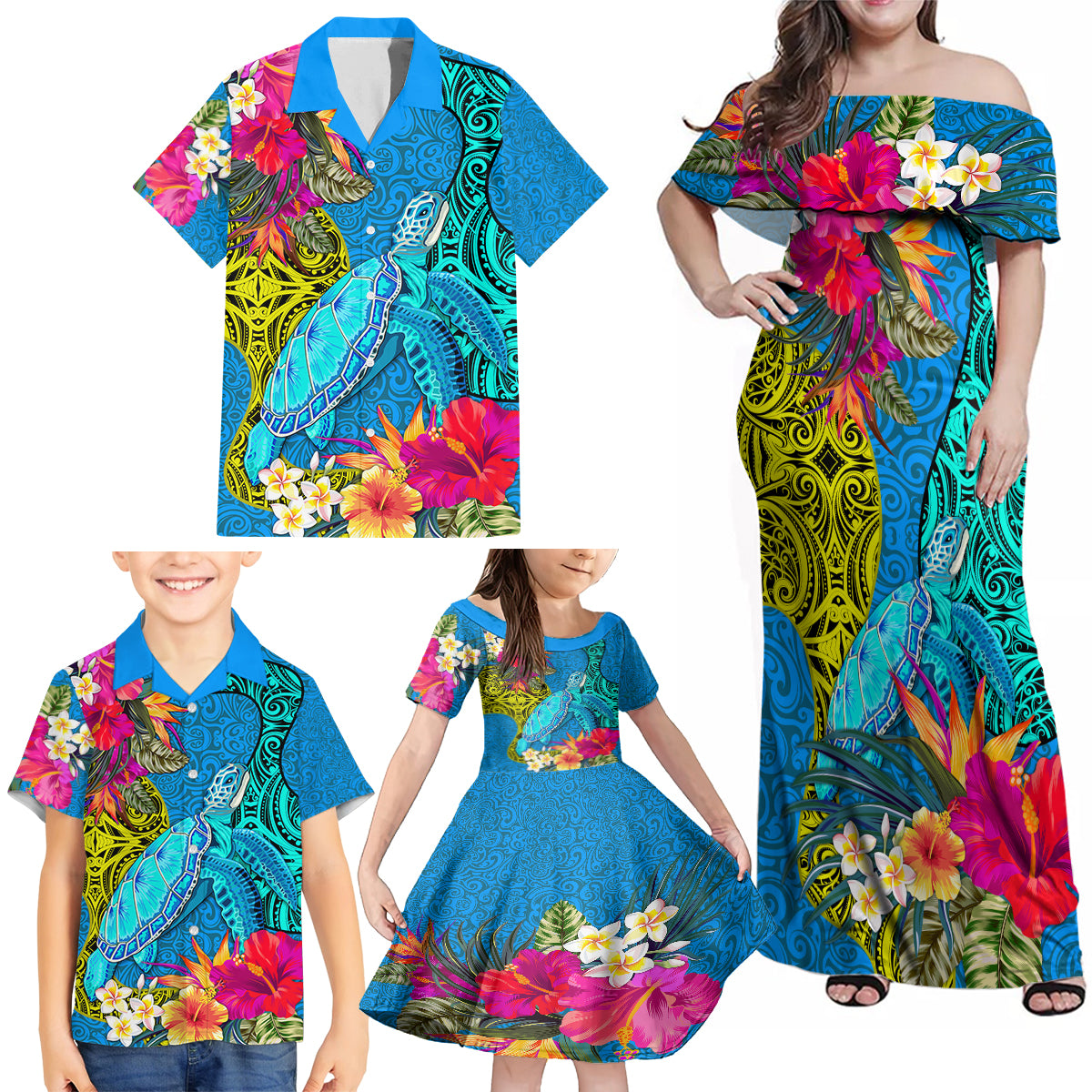 Polynesian Family Matching Off Shoulder Maxi Dress and Hawaiian Shirt The Turtle Jung Flower with Maori Pattern Ethnic Style LT03 - Polynesian Pride
