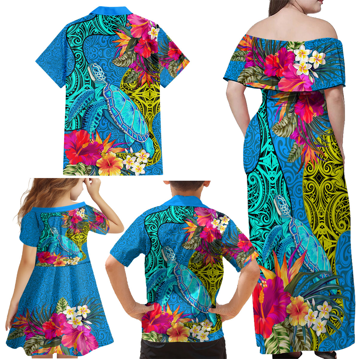 Polynesian Family Matching Off Shoulder Maxi Dress and Hawaiian Shirt The Turtle Jung Flower with Maori Pattern Ethnic Style LT03 - Polynesian Pride