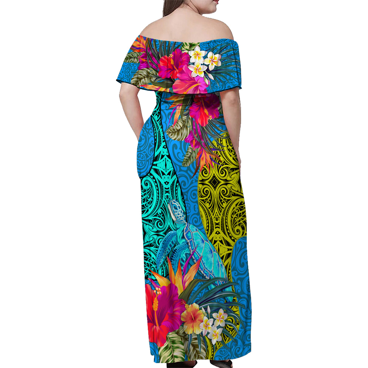 Polynesian Family Matching Off Shoulder Maxi Dress and Hawaiian Shirt The Turtle Jung Flower with Maori Pattern Ethnic Style LT03 - Polynesian Pride