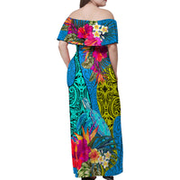 Polynesian Family Matching Off Shoulder Maxi Dress and Hawaiian Shirt The Turtle Jung Flower with Maori Pattern Ethnic Style LT03 - Polynesian Pride