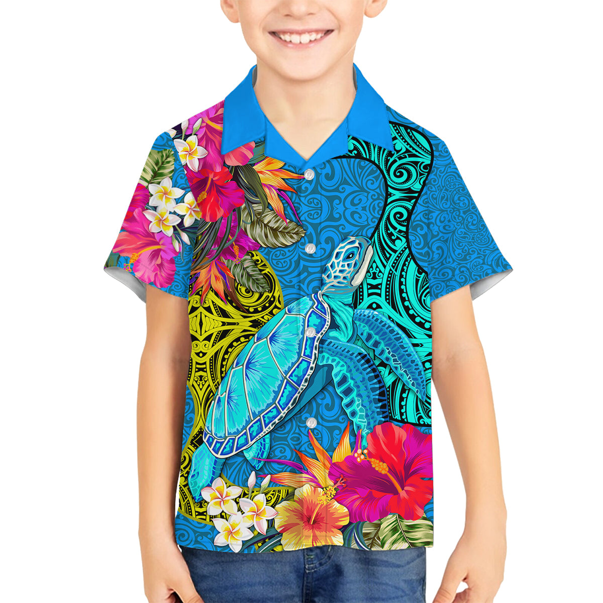 Polynesian Family Matching Off Shoulder Maxi Dress and Hawaiian Shirt The Turtle Jung Flower with Maori Pattern Ethnic Style LT03 Son's Shirt Blue - Polynesian Pride