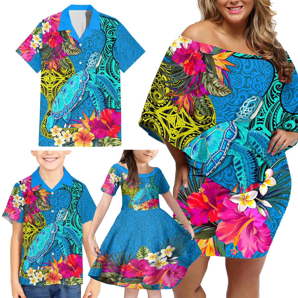Polynesian Family Matching Off Shoulder Short Dress and Hawaiian Shirt The Turtle Jung Flower with Maori Pattern Ethnic Style LT03 - Polynesian Pride