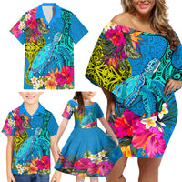 Polynesian Family Matching Off Shoulder Short Dress and Hawaiian Shirt The Turtle Jung Flower with Maori Pattern Ethnic Style LT03 - Polynesian Pride
