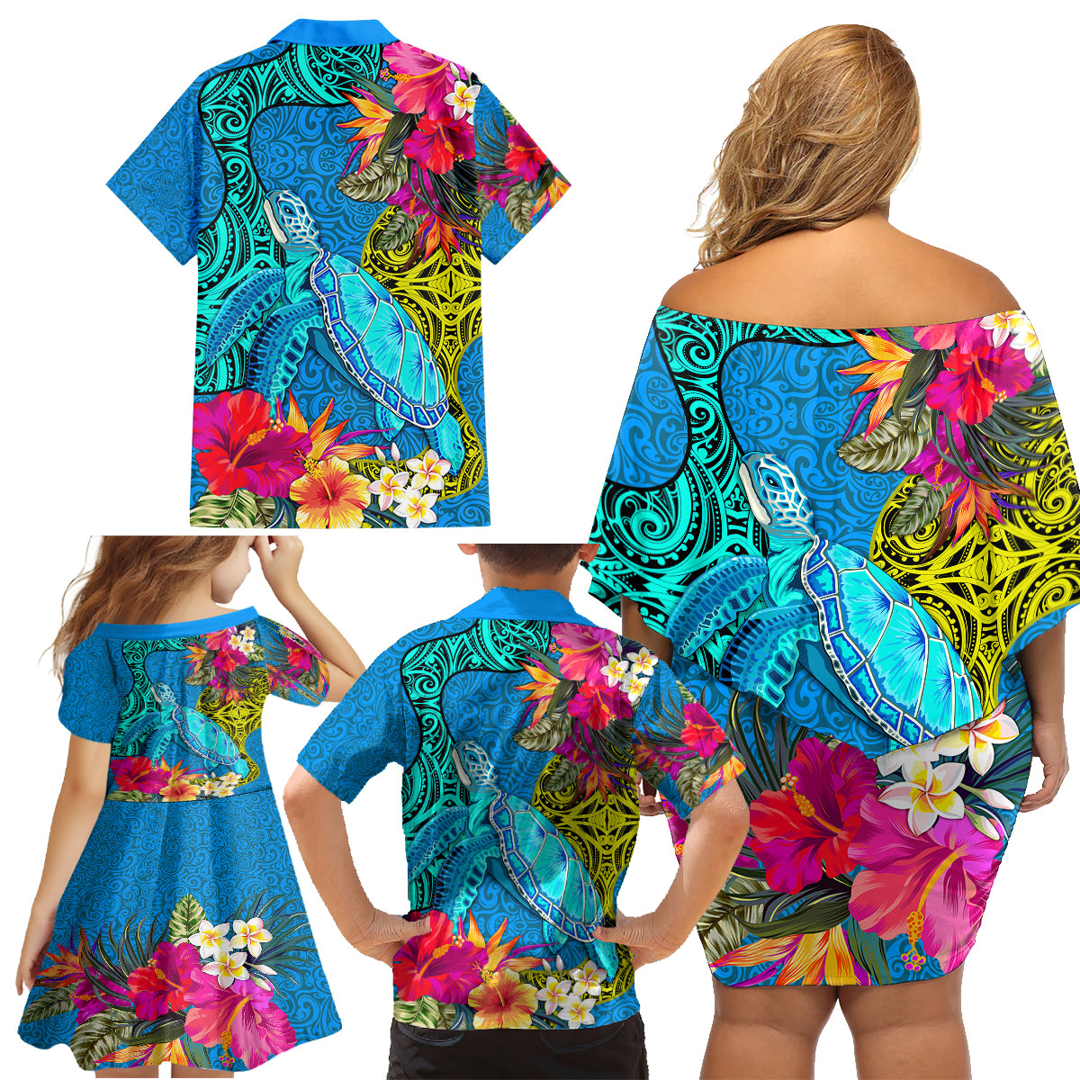 Polynesian Family Matching Off Shoulder Short Dress and Hawaiian Shirt The Turtle Jung Flower with Maori Pattern Ethnic Style LT03 - Polynesian Pride
