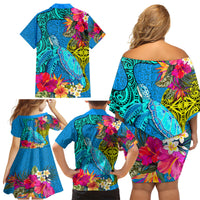 Polynesian Family Matching Off Shoulder Short Dress and Hawaiian Shirt The Turtle Jung Flower with Maori Pattern Ethnic Style LT03 - Polynesian Pride