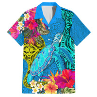 Polynesian Family Matching Off Shoulder Short Dress and Hawaiian Shirt The Turtle Jung Flower with Maori Pattern Ethnic Style LT03 Dad's Shirt - Short Sleeve Blue - Polynesian Pride