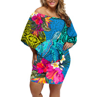 Polynesian Family Matching Off Shoulder Short Dress and Hawaiian Shirt The Turtle Jung Flower with Maori Pattern Ethnic Style LT03 Mom's Dress Blue - Polynesian Pride
