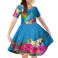 Polynesian Family Matching Short Sleeve Bodycon Dress and Hawaiian Shirt The Turtle Jung Flower with Maori Pattern Ethnic Style LT03 Daughter's Dress Blue - Polynesian Pride