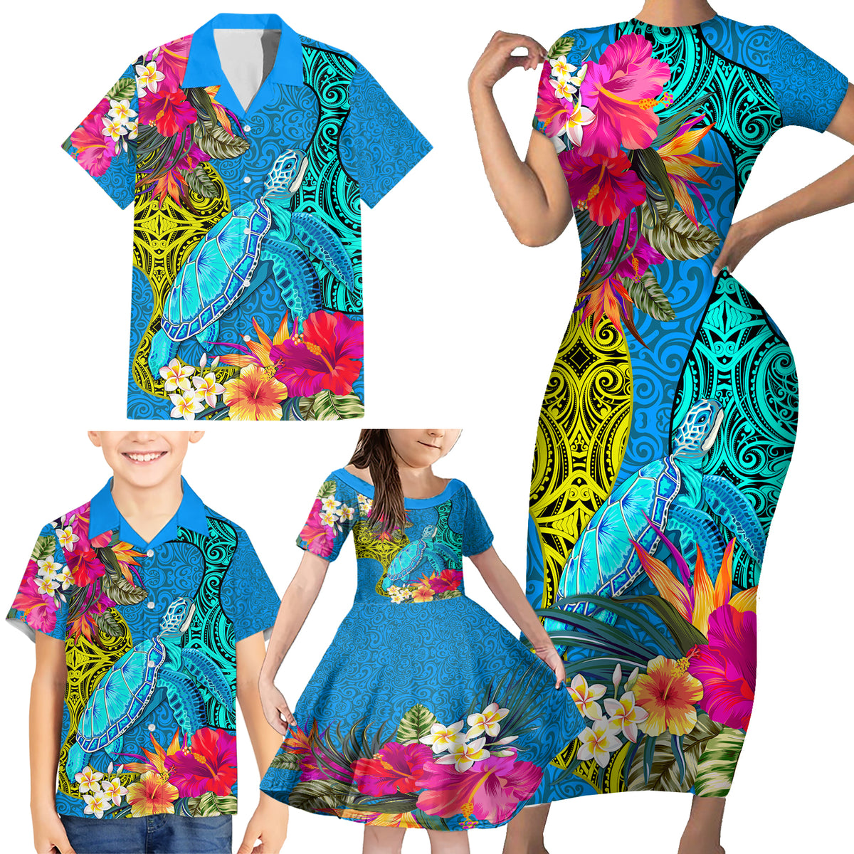 Polynesian Family Matching Short Sleeve Bodycon Dress and Hawaiian Shirt The Turtle Jung Flower with Maori Pattern Ethnic Style LT03 - Polynesian Pride