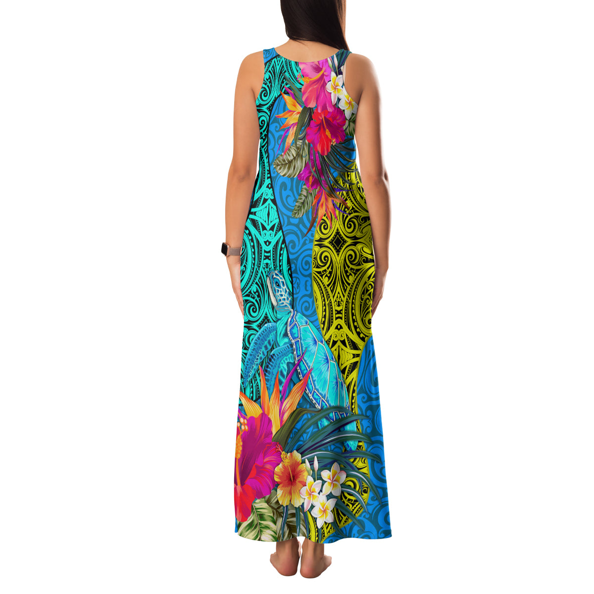 Polynesian Family Matching Tank Maxi Dress and Hawaiian Shirt The Turtle Jung Flower with Maori Pattern Ethnic Style LT03 - Polynesian Pride