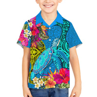 Polynesian Family Matching Tank Maxi Dress and Hawaiian Shirt The Turtle Jung Flower with Maori Pattern Ethnic Style LT03 Son's Shirt Blue - Polynesian Pride