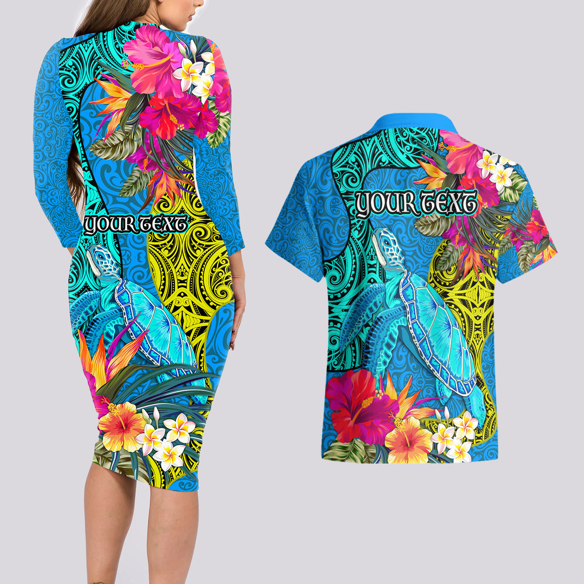 Custom Polynesian Couples Matching Long Sleeve Bodycon Dress and Hawaiian Shirt The Turtle Jung Flower with Maori Pattern Ethnic Style LT03 - Polynesian Pride