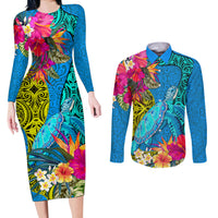 custom-polynesian-couples-matching-long-sleeve-bodycon-dress-and-long-sleeve-button-shirts-the-turtle-jung-flower-with-maori-pattern-ethnic-style
