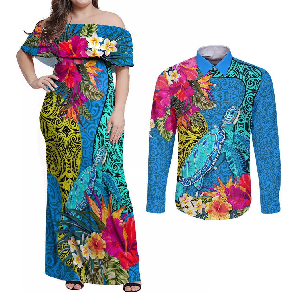 Custom Polynesian Couples Matching Off Shoulder Maxi Dress and Long Sleeve Button Shirts The Turtle Jung Flower with Maori Pattern Ethnic Style LT03 Blue - Polynesian Pride