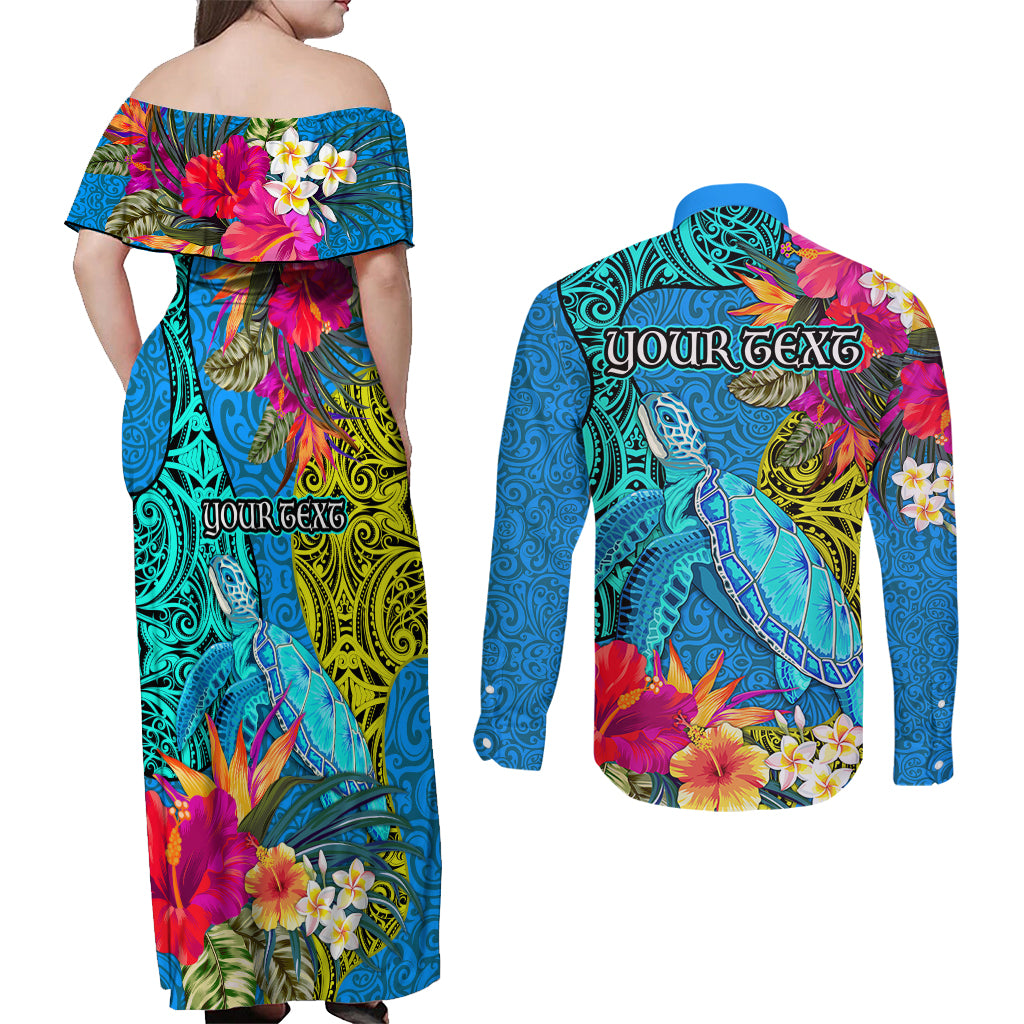 Custom Polynesian Couples Matching Off Shoulder Maxi Dress and Long Sleeve Button Shirts The Turtle Jung Flower with Maori Pattern Ethnic Style LT03 - Polynesian Pride