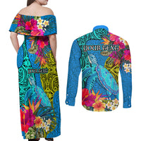 Custom Polynesian Couples Matching Off Shoulder Maxi Dress and Long Sleeve Button Shirts The Turtle Jung Flower with Maori Pattern Ethnic Style LT03 - Polynesian Pride