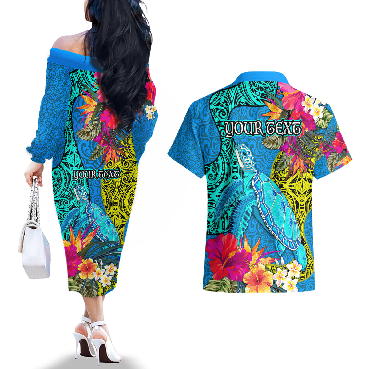 Custom Polynesian Couples Matching Off The Shoulder Long Sleeve Dress and Hawaiian Shirt The Turtle Jung Flower with Maori Pattern Ethnic Style LT03 - Polynesian Pride