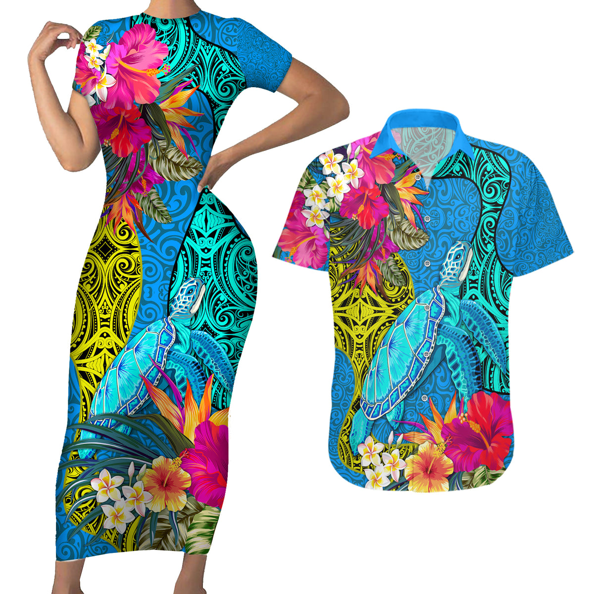 Custom Polynesian Couples Matching Short Sleeve Bodycon Dress and Hawaiian Shirt The Turtle Jung Flower with Maori Pattern Ethnic Style LT03 Blue - Polynesian Pride