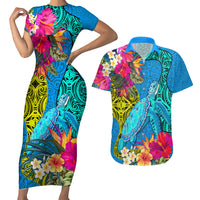 Custom Polynesian Couples Matching Short Sleeve Bodycon Dress and Hawaiian Shirt The Turtle Jung Flower with Maori Pattern Ethnic Style LT03 Blue - Polynesian Pride