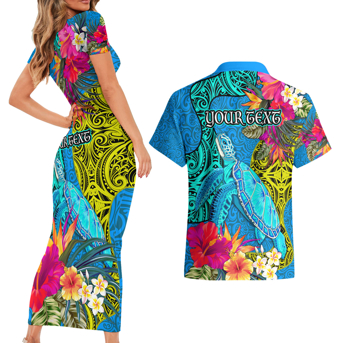 Custom Polynesian Couples Matching Short Sleeve Bodycon Dress and Hawaiian Shirt The Turtle Jung Flower with Maori Pattern Ethnic Style LT03 - Polynesian Pride