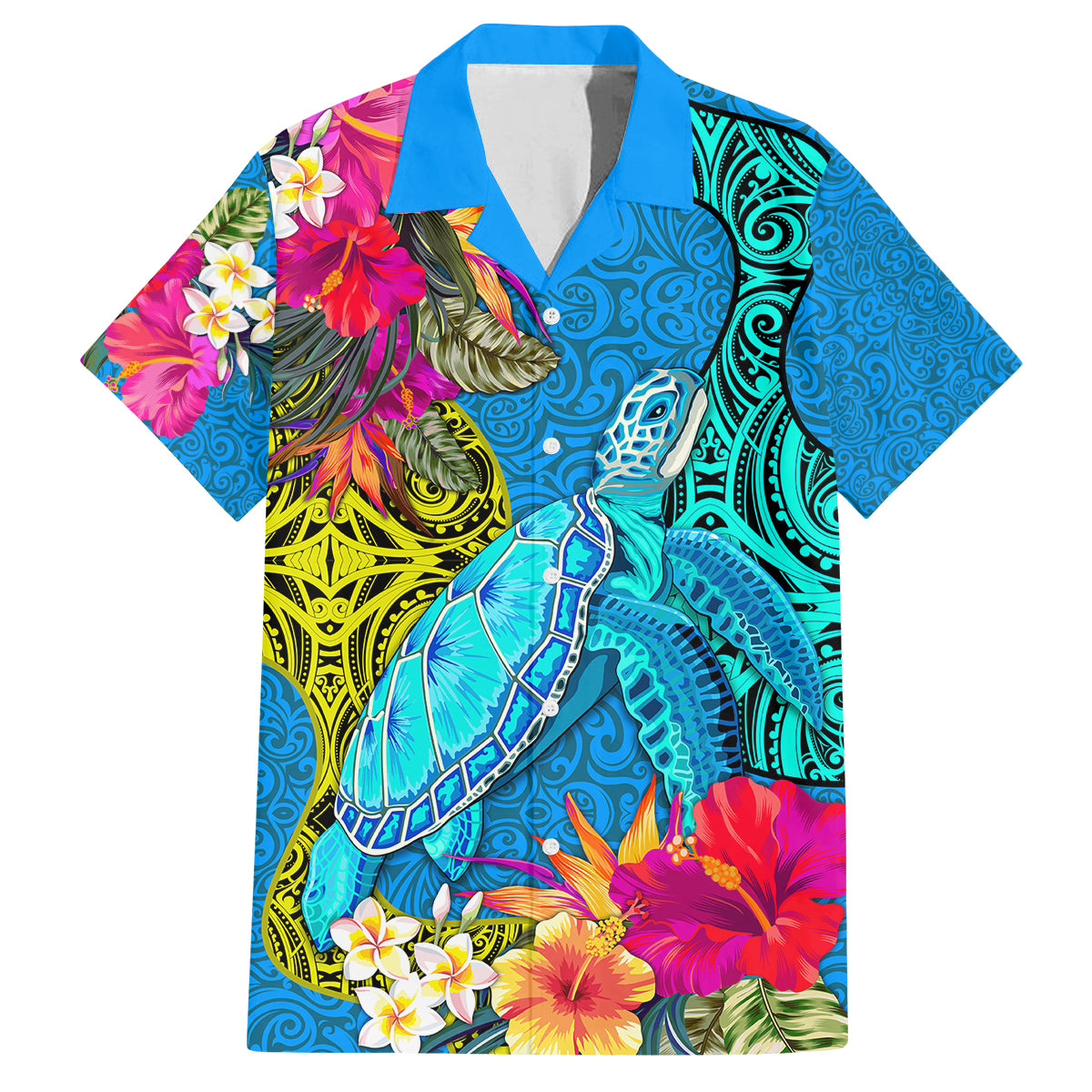 Custom Polynesian Family Matching Long Sleeve Bodycon Dress and Hawaiian Shirt The Turtle Jung Flower with Maori Pattern Ethnic Style LT03 Dad's Shirt - Short Sleeve Blue - Polynesian Pride