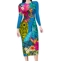 Custom Polynesian Family Matching Long Sleeve Bodycon Dress and Hawaiian Shirt The Turtle Jung Flower with Maori Pattern Ethnic Style LT03 Mom's Dress Blue - Polynesian Pride