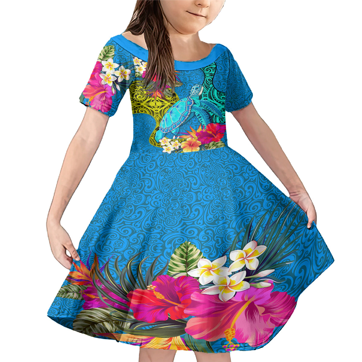 Custom Polynesian Family Matching Mermaid Dress and Hawaiian Shirt The Turtle Jung Flower with Maori Pattern Ethnic Style LT03 Daughter's Dress Blue - Polynesian Pride