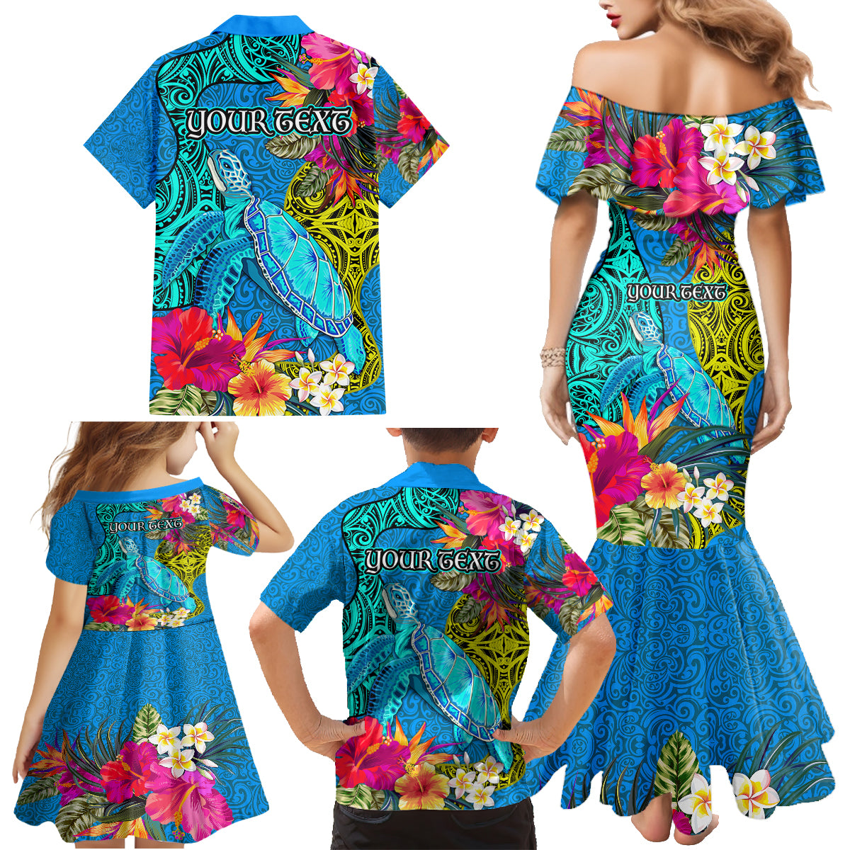 Custom Polynesian Family Matching Mermaid Dress and Hawaiian Shirt The Turtle Jung Flower with Maori Pattern Ethnic Style LT03 - Polynesian Pride