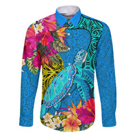 Custom Polynesian Family Matching Mermaid Dress and Hawaiian Shirt The Turtle Jung Flower with Maori Pattern Ethnic Style LT03 Dad's Shirt - Long Sleeve Blue - Polynesian Pride