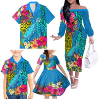 Custom Polynesian Family Matching Off Shoulder Long Sleeve Dress and Hawaiian Shirt The Turtle Jung Flower with Maori Pattern Ethnic Style LT03 - Polynesian Pride