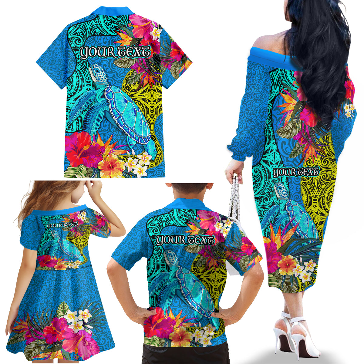 Custom Polynesian Family Matching Off Shoulder Long Sleeve Dress and Hawaiian Shirt The Turtle Jung Flower with Maori Pattern Ethnic Style LT03 - Polynesian Pride
