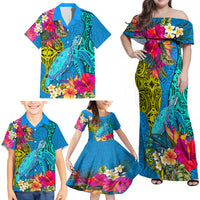 Custom Polynesian Family Matching Off Shoulder Maxi Dress and Hawaiian Shirt The Turtle Jung Flower with Maori Pattern Ethnic Style LT03 - Polynesian Pride