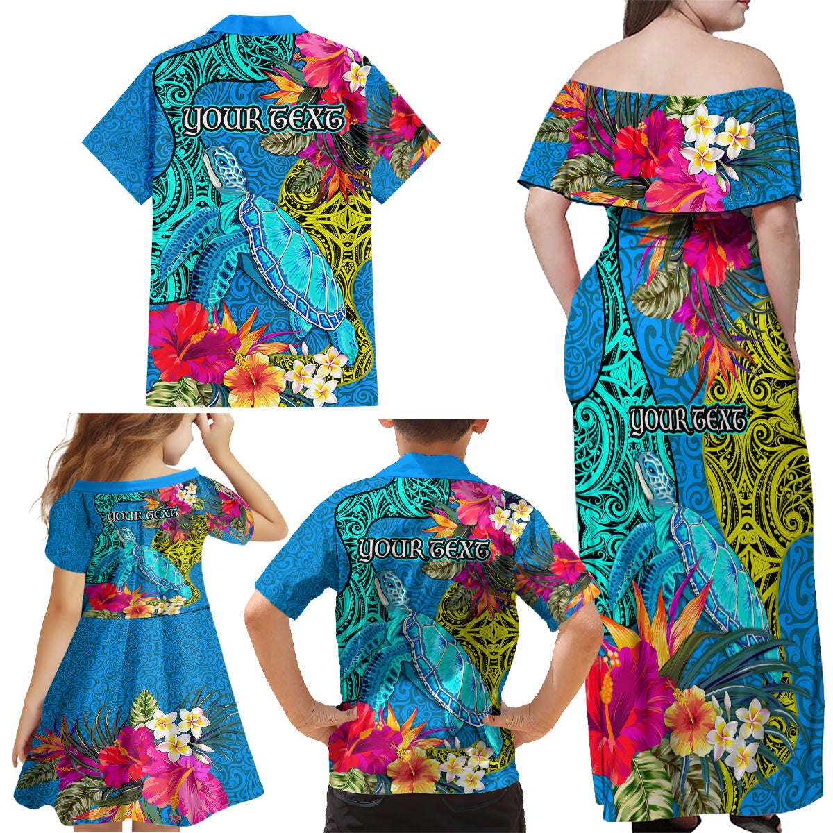 Custom Polynesian Family Matching Off Shoulder Maxi Dress and Hawaiian Shirt The Turtle Jung Flower with Maori Pattern Ethnic Style LT03 - Polynesian Pride