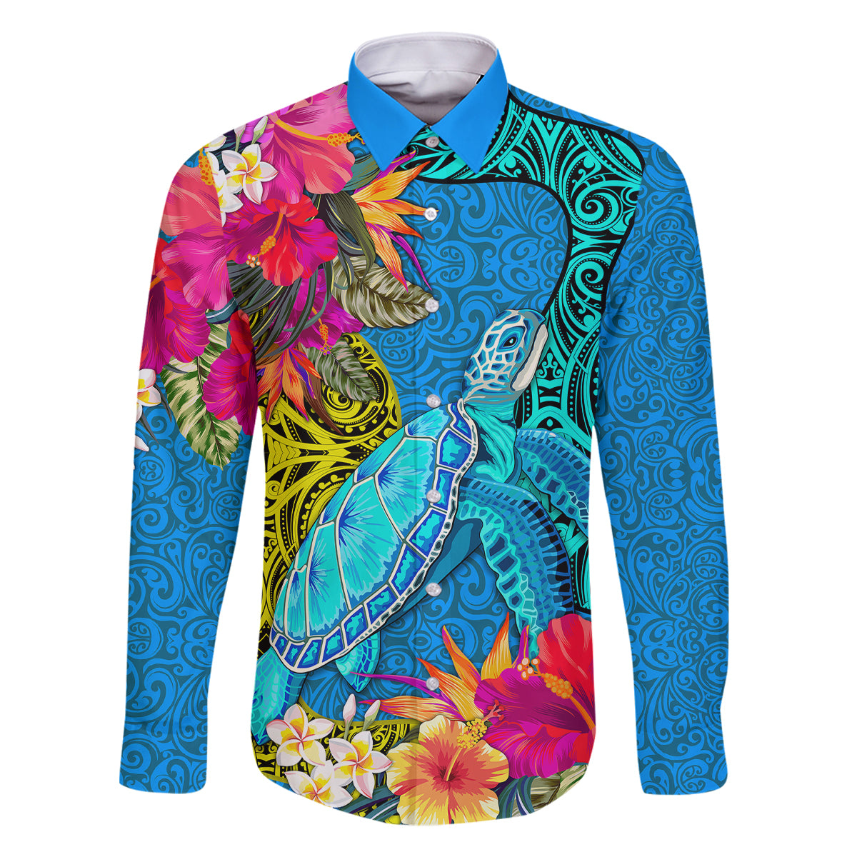 Custom Polynesian Family Matching Off Shoulder Maxi Dress and Hawaiian Shirt The Turtle Jung Flower with Maori Pattern Ethnic Style LT03 Dad's Shirt - Long Sleeve Blue - Polynesian Pride