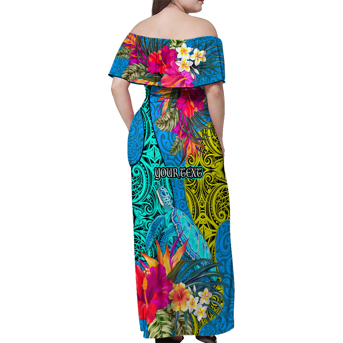 Custom Polynesian Family Matching Off Shoulder Maxi Dress and Hawaiian Shirt The Turtle Jung Flower with Maori Pattern Ethnic Style LT03 - Polynesian Pride