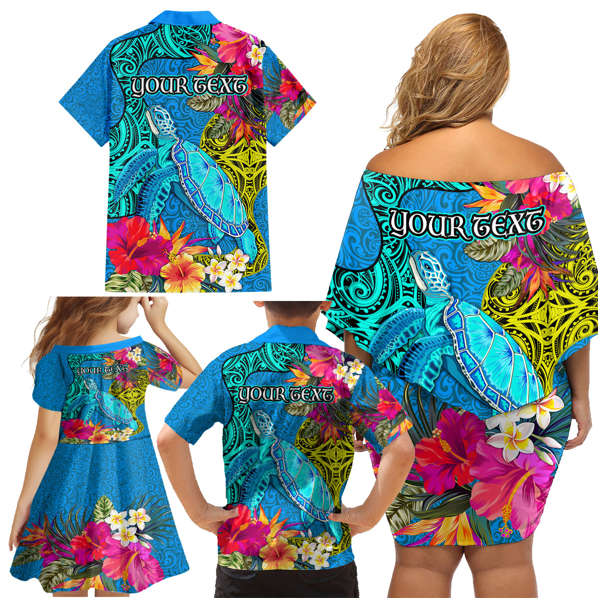 Custom Polynesian Family Matching Off Shoulder Short Dress and Hawaiian Shirt The Turtle Jung Flower with Maori Pattern Ethnic Style LT03 - Polynesian Pride