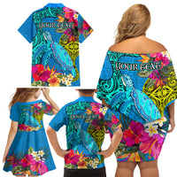 Custom Polynesian Family Matching Off Shoulder Short Dress and Hawaiian Shirt The Turtle Jung Flower with Maori Pattern Ethnic Style LT03 - Polynesian Pride