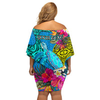 Custom Polynesian Family Matching Off Shoulder Short Dress and Hawaiian Shirt The Turtle Jung Flower with Maori Pattern Ethnic Style LT03 - Polynesian Pride