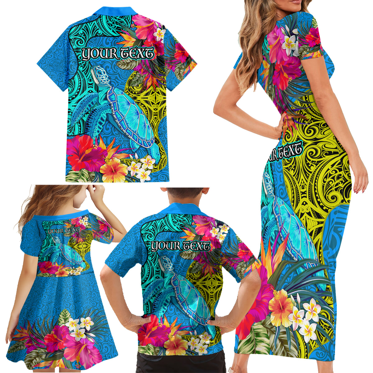Custom Polynesian Family Matching Short Sleeve Bodycon Dress and Hawaiian Shirt The Turtle Jung Flower with Maori Pattern Ethnic Style LT03 - Polynesian Pride